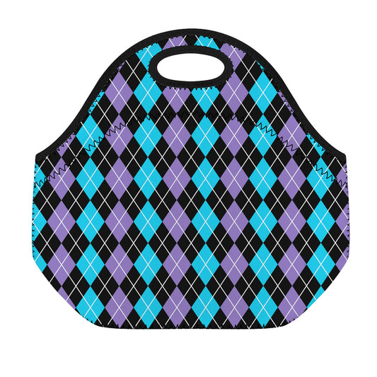 Black Purple And Blue Argyle Print Neoprene Lunch Bag