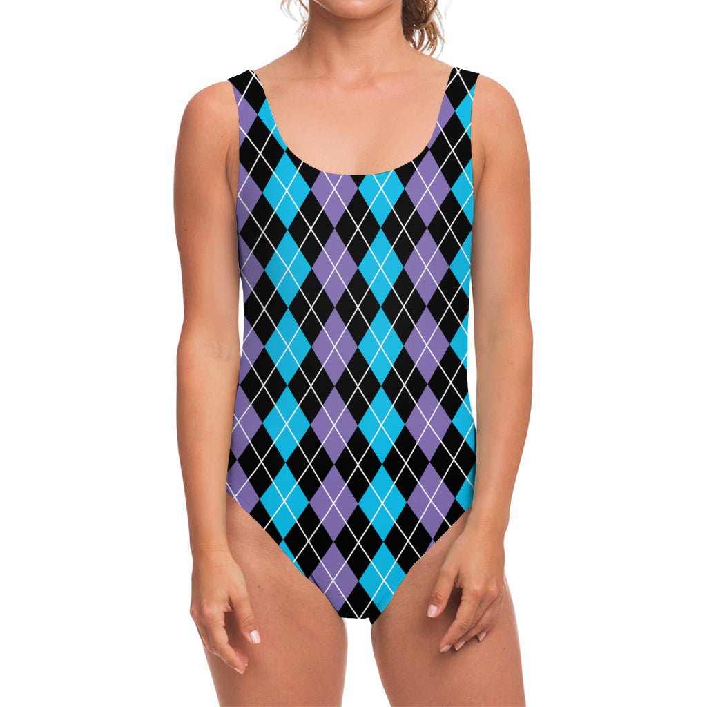 Black Purple And Blue Argyle Print One Piece Swimsuit
