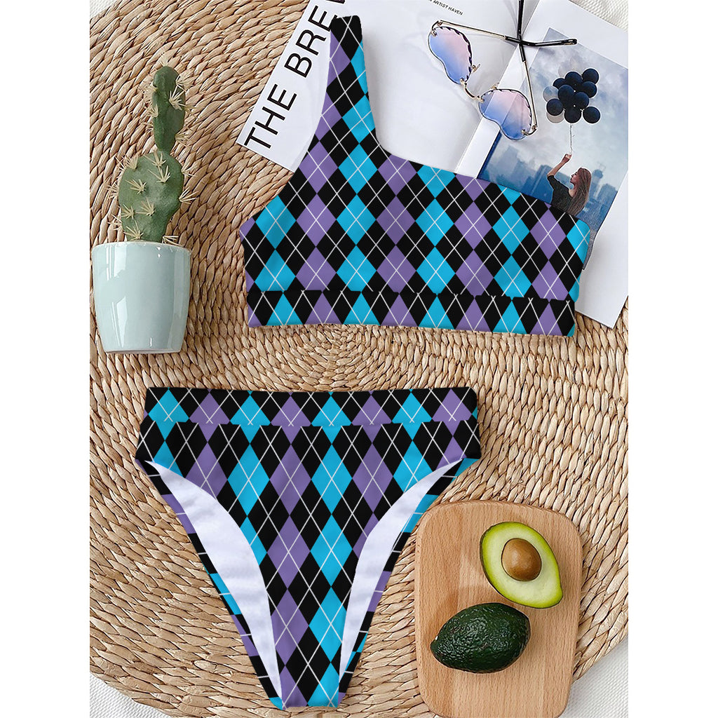 Black Purple And Blue Argyle Print One Shoulder Bikini Top