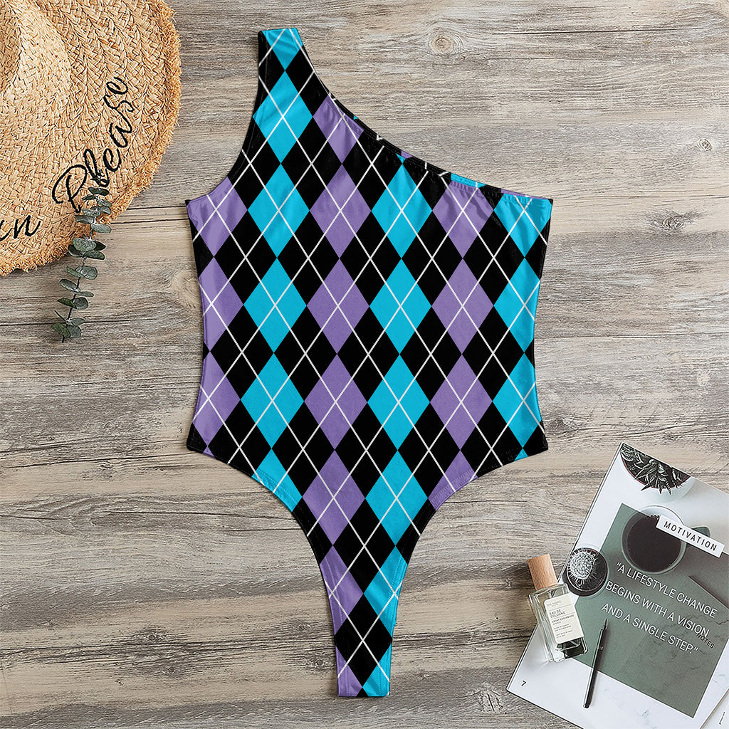 Black Purple And Blue Argyle Print One Shoulder Bodysuit