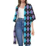Black Purple And Blue Argyle Print Open Front Beach Cover Up