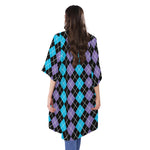 Black Purple And Blue Argyle Print Open Front Beach Cover Up