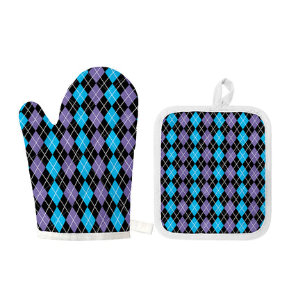 Black Purple And Blue Argyle Print Oven Mitt And Pot Holder Set