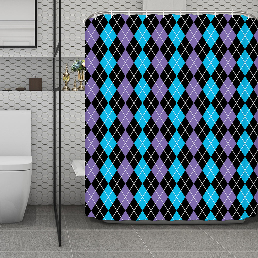 Black Purple And Blue Argyle Print Polyester Shower Curtain