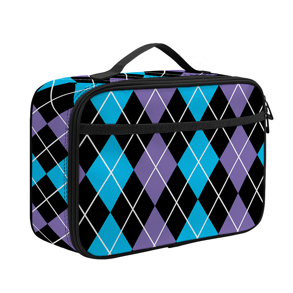 Black Purple And Blue Argyle Print Portable Lunch Bag