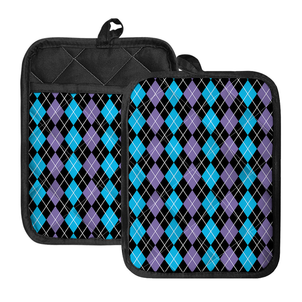 Black Purple And Blue Argyle Print Pot Holders With Pocket