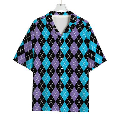 Black Purple And Blue Argyle Print Rayon Hawaiian Shirt