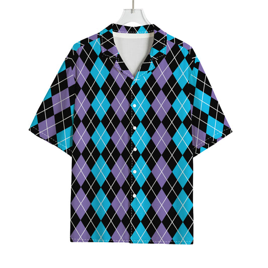 Black Purple And Blue Argyle Print Rayon Hawaiian Shirt