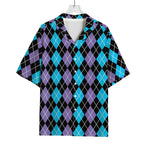 Black Purple And Blue Argyle Print Rayon Hawaiian Shirt