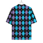 Black Purple And Blue Argyle Print Rayon Hawaiian Shirt