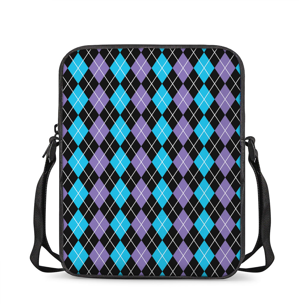 Black Purple And Blue Argyle Print Rectangular Crossbody Bag