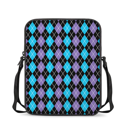 Black Purple And Blue Argyle Print Rectangular Crossbody Bag