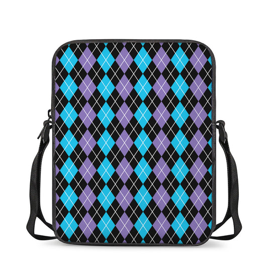 Black Purple And Blue Argyle Print Rectangular Crossbody Bag