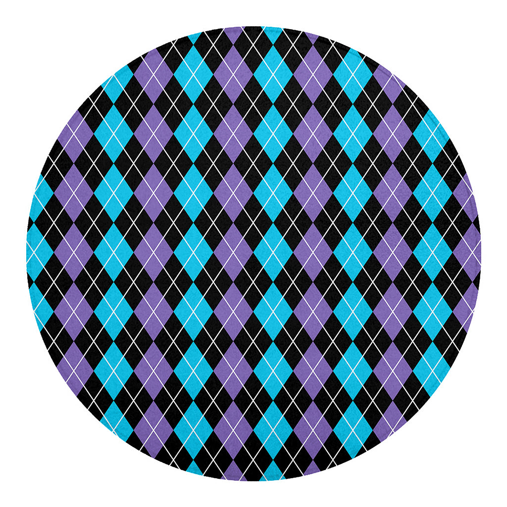 Black Purple And Blue Argyle Print Round Blanket