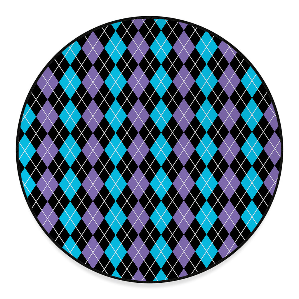 Black Purple And Blue Argyle Print Round Floor Mat