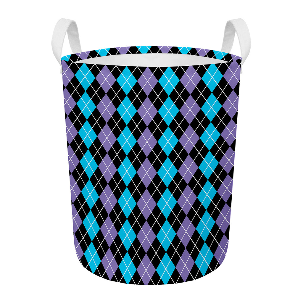 Black Purple And Blue Argyle Print Round Laundry Basket