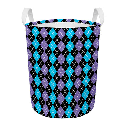 Black Purple And Blue Argyle Print Round Laundry Basket