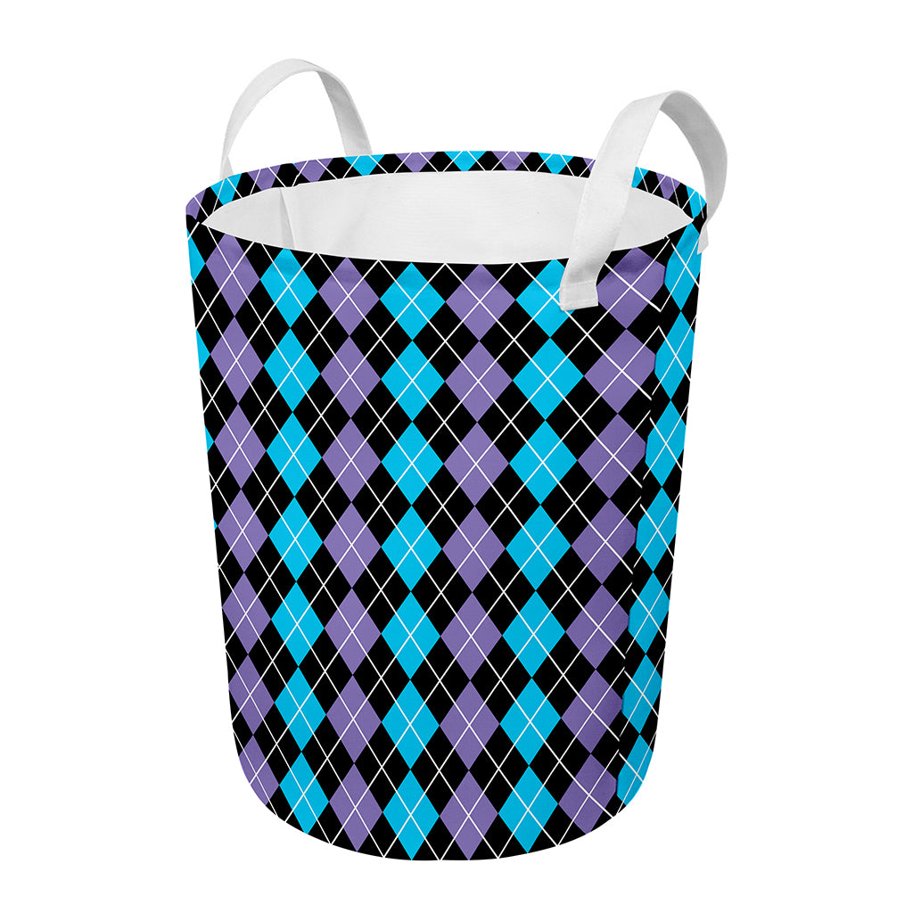 Black Purple And Blue Argyle Print Round Laundry Basket
