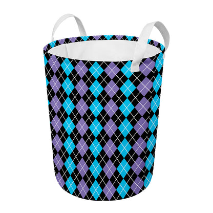 Black Purple And Blue Argyle Print Round Laundry Basket
