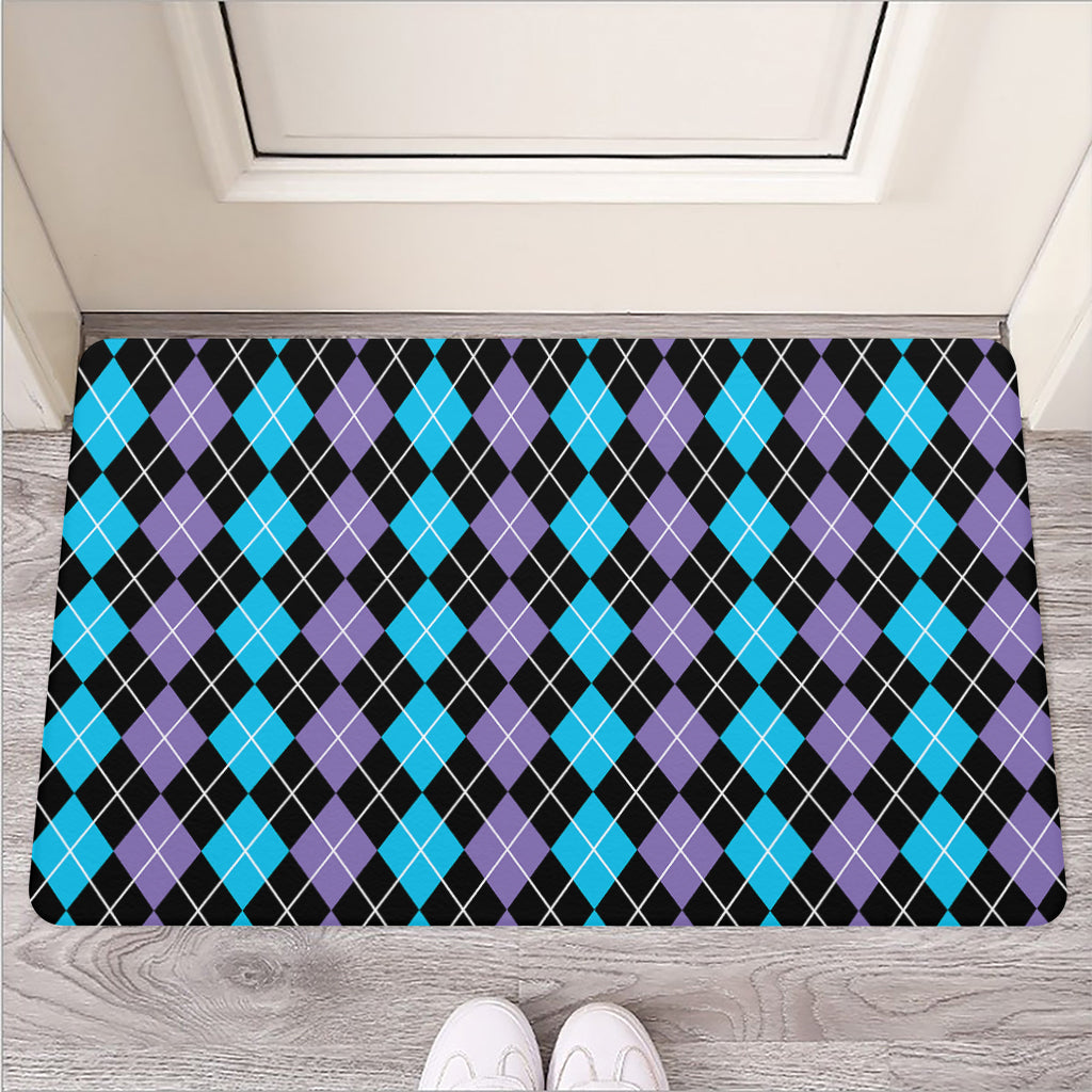 Black Purple And Blue Argyle Print Rubber Doormat