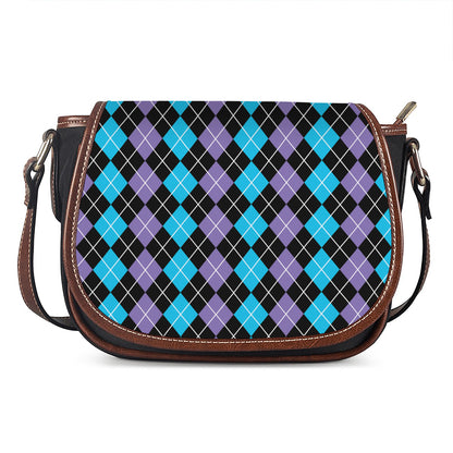 Black Purple And Blue Argyle Print Saddle Bag
