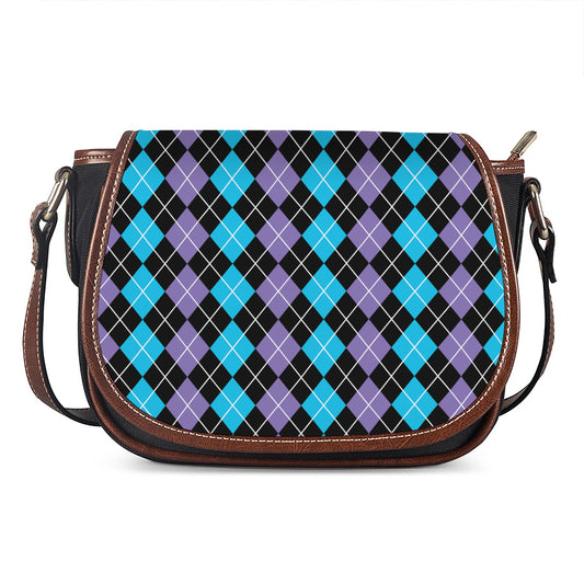 Black Purple And Blue Argyle Print Saddle Bag