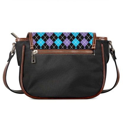 Black Purple And Blue Argyle Print Saddle Bag