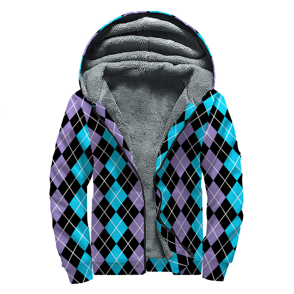 Black Purple And Blue Argyle Print Sherpa Lined Zip Up Hoodie