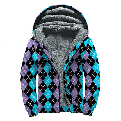 Black Purple And Blue Argyle Print Sherpa Lined Zip Up Hoodie