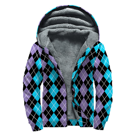 Black Purple And Blue Argyle Print Sherpa Lined Zip Up Hoodie