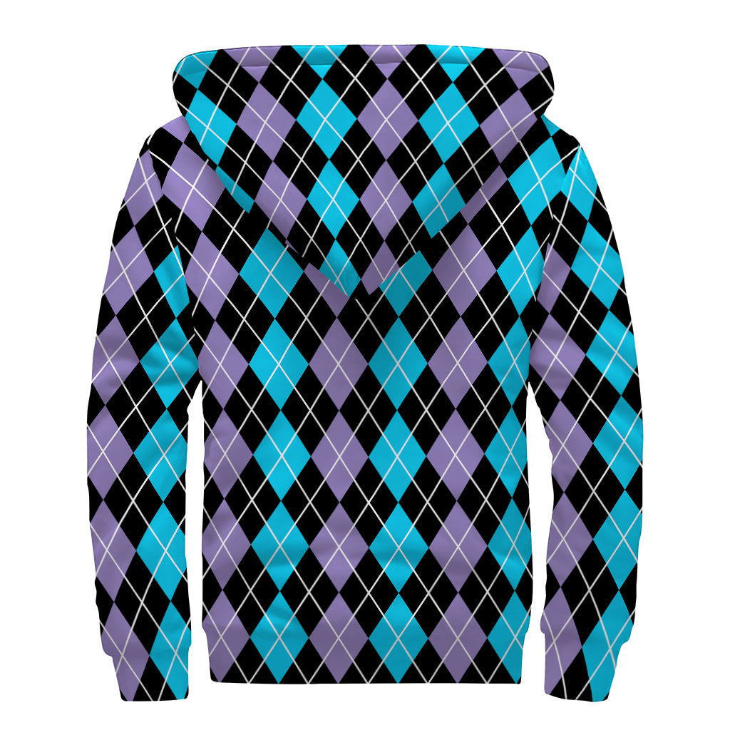 Black Purple And Blue Argyle Print Sherpa Lined Zip Up Hoodie