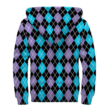 Black Purple And Blue Argyle Print Sherpa Lined Zip Up Hoodie
