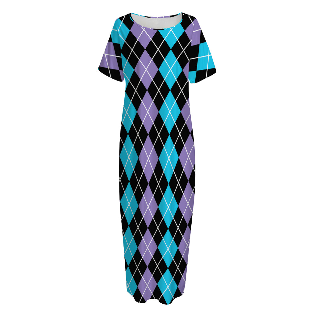 Black Purple And Blue Argyle Print Short Sleeve Long Nightdress