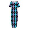 Black Purple And Blue Argyle Print Short Sleeve Long Nightdress