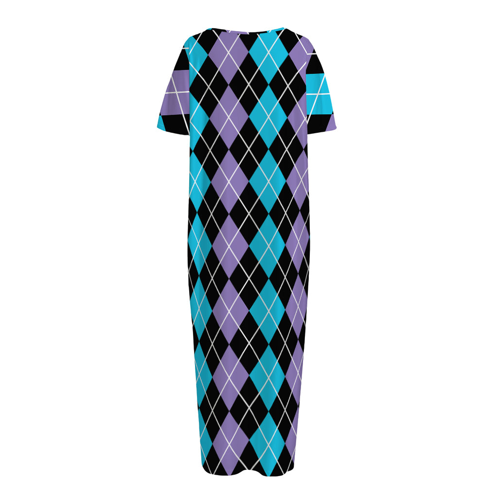 Black Purple And Blue Argyle Print Short Sleeve Long Nightdress