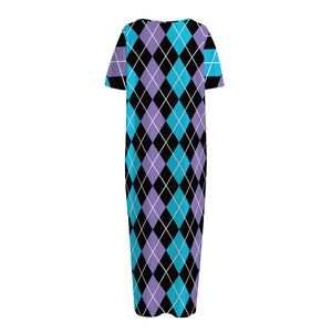 Black Purple And Blue Argyle Print Short Sleeve Long Nightdress