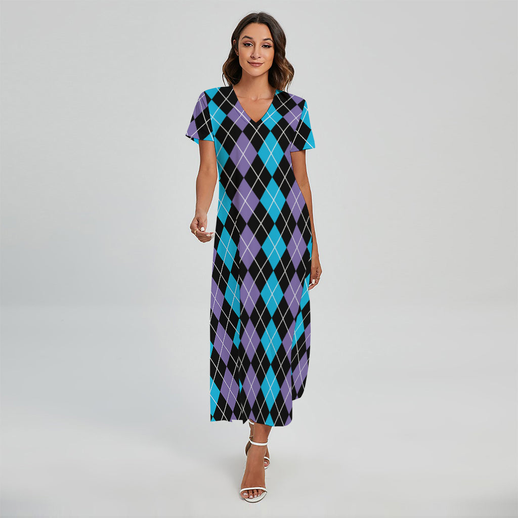 Black Purple And Blue Argyle Print Short Sleeve Maxi Dress