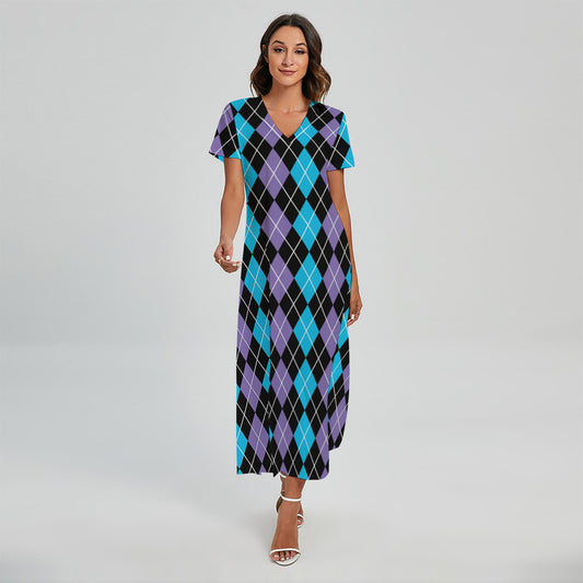 Black Purple And Blue Argyle Print Short Sleeve Maxi Dress