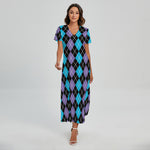 Black Purple And Blue Argyle Print Short Sleeve Maxi Dress