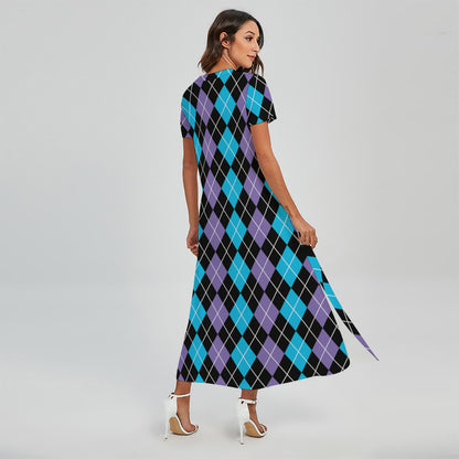 Black Purple And Blue Argyle Print Short Sleeve Maxi Dress