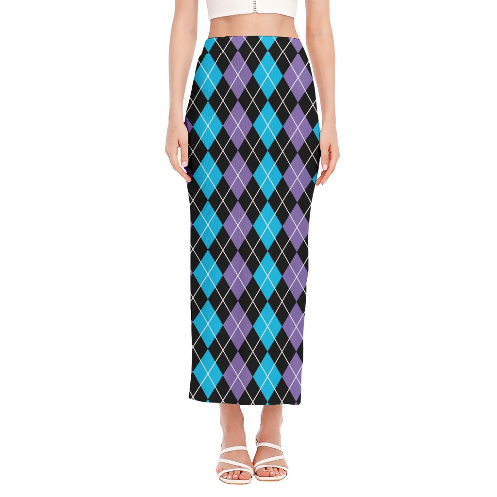 Black Purple And Blue Argyle Print Side Slit Maxi Skirt