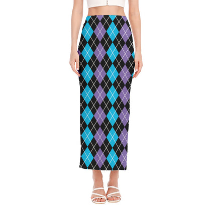 Black Purple And Blue Argyle Print Side Slit Maxi Skirt