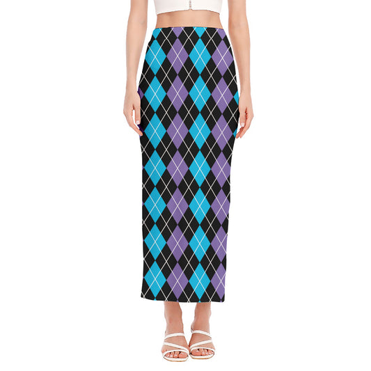Black Purple And Blue Argyle Print Side Slit Maxi Skirt