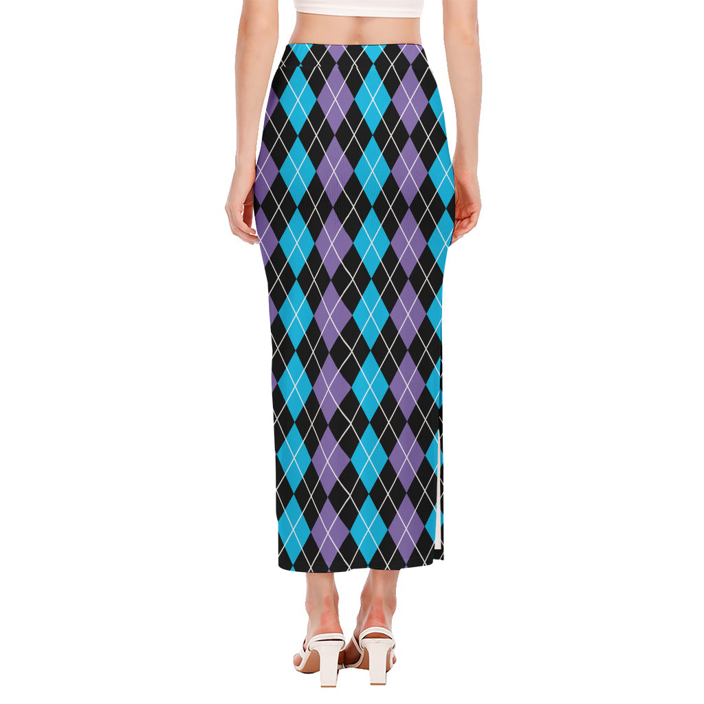 Black Purple And Blue Argyle Print Side Slit Maxi Skirt