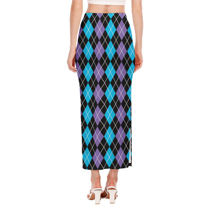 Black Purple And Blue Argyle Print Side Slit Maxi Skirt