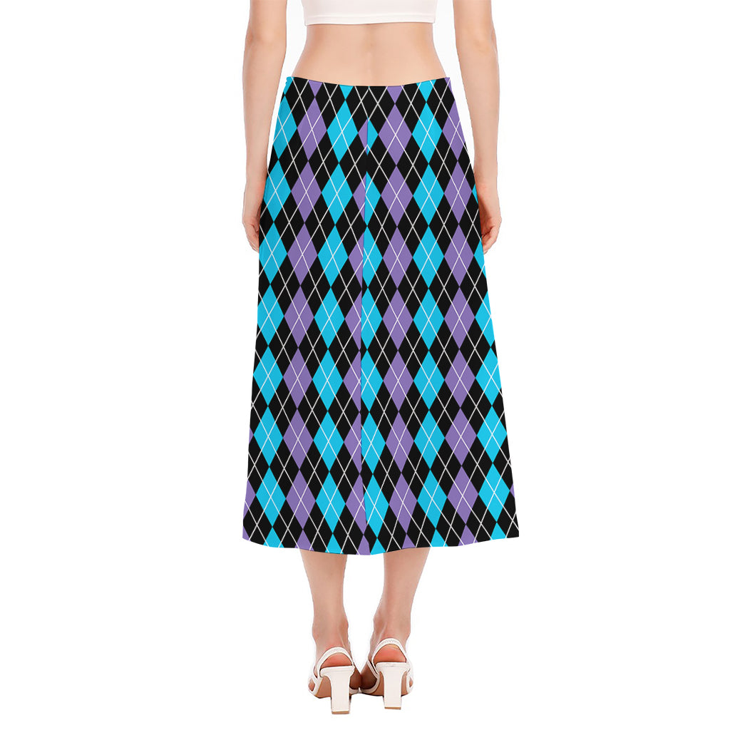 Black Purple And Blue Argyle Print Side Slit Midi Skirt