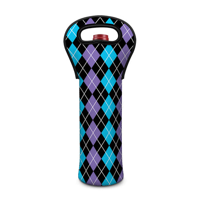 Black Purple And Blue Argyle Print Single Neoprene Wine Tote