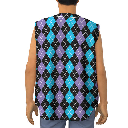 Black Purple And Blue Argyle Print Sleeveless Baseball Jersey