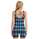 Black Purple And Blue Argyle Print Sleeveless One Piece Swimsuit