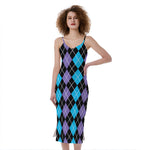 Black Purple And Blue Argyle Print Slim Fit Midi Cami Dress